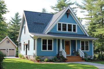 Blue Shingle Style Home Exterior with Wood Door, Grey Roof and Green Lawn