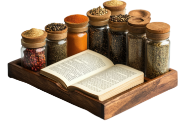 Displaying assorted spices next to an open recipe book on a wooden base, highlighting culinary traditions and flavors of cooking