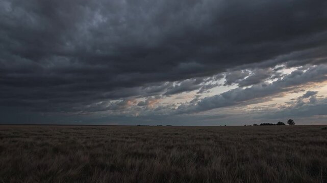 Dark storm clouds looming over windswept dry grassland, casting dramatic shadows across rural landscape during twilight sunset with ominous atmospheric conditions