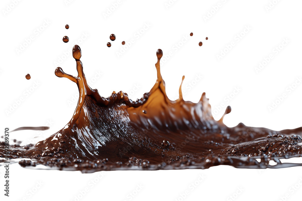Aufkleber Chocolate liquid creates dynamic splashes during a playful drop at a studio setting, capturing movement and texture in an artistic display of vivid brown hues