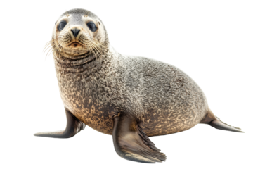 Curious seal relaxing on a white background, showcasing its sleek fur and expressive eyes in a calm and peaceful manner