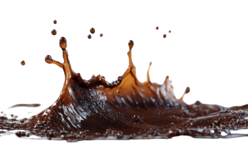 Chocolate liquid creates dynamic splashes during a playful drop at a studio setting, capturing movement and texture in an artistic display of vivid brown hues