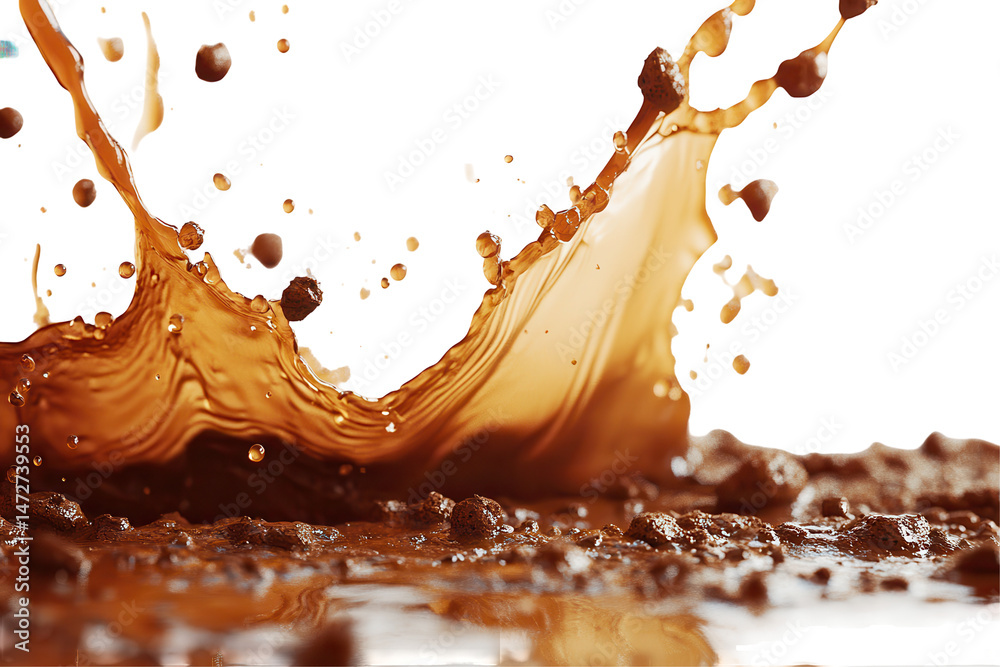 Fototapete Chocolate liquid creates dynamic splashes during a playful drop at a studio setting, capturing movement and texture in an artistic display of vivid brown hues