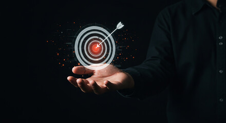 professional, in a suit, holding a glowing target, symbolizing strategic business goals, focused objectives, and precise aim for corporate success.