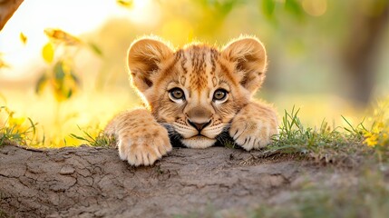 Lion Cub Resting on Log