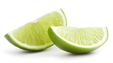 Two lime wedges on white background.  Fresh, vibrant, and juicy segments