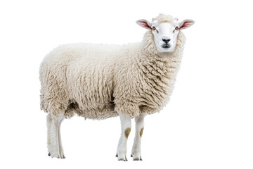 Fluffy white sheep standing with a curious expression against a clear background