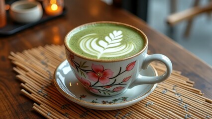 Ceramic cup with matcha latte art on bamboo mat in cafe setting