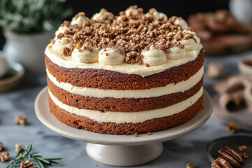 A cake with white frosting, decorated with repeated rows of small PEs.