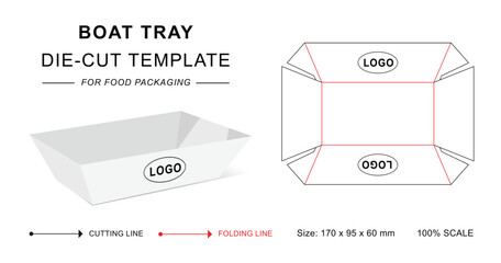 Boat tray die cut template with 3D mockup for food packaging