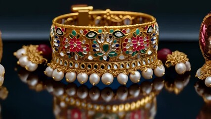 Close-up showcases a luxurious, ornate gold necklace or bracelet with colorful gems and intricate design, reflecting wealth and high-end craftsmanship - Powered by Adobe