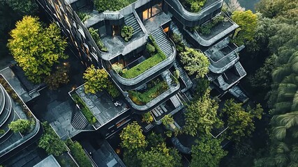 Aerial view of modern eco-friendly architecture surrounded by lush greenery and trees