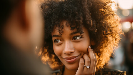 Engaged woman with curly hair looks lovingly at her partner, showing off her engagement ring at golden hour. 