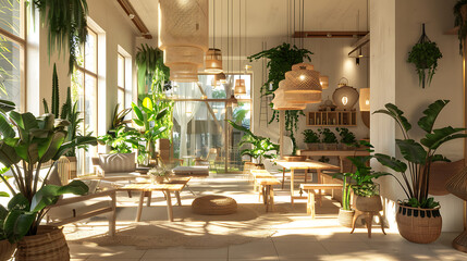 Fototapeta premium Bohemian room beautiful design in a bright open-plan space with greenery 