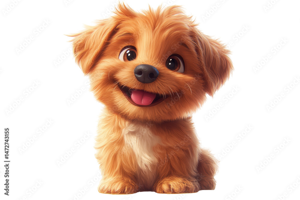 Poster happy cartoon puppy with fluffy fur sitting and smiling in a playful pose against a transparent back