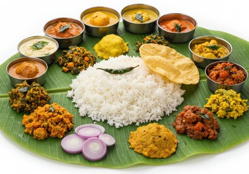 South indian thali with rice curries and vegetables served on banana leaf
