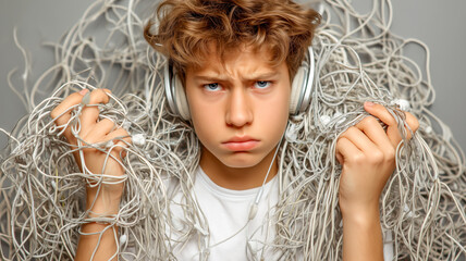 Frustrated young person with tangled headphones and audio cables. Annoyed expression. Overwhelmed by tech issues. 