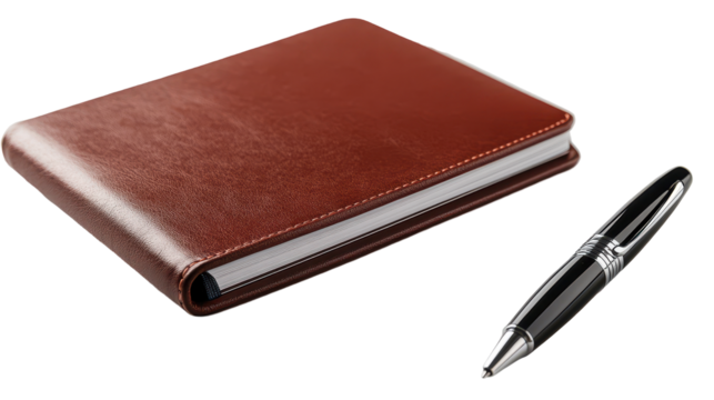 Elegant brown leather notebook with a sleek black pen on a simple background, perfect for note-taking and journaling at any time