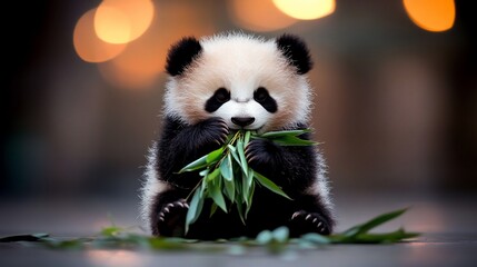 Obraz premium Adorable panda cub sits eating leaves, blurred light background; small, cute