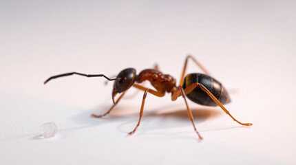 A detailed close-up of an ant with black and orange colors.