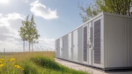 Obraz premium Modern utility storage containers in natural landscape under clear sky