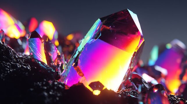 Cluster of sparkling rainbow-colored quartz crystals glowing under light with magical reflections