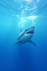 Fototapeta premium Majestic great white shark swimming in deep blue ocean waters.