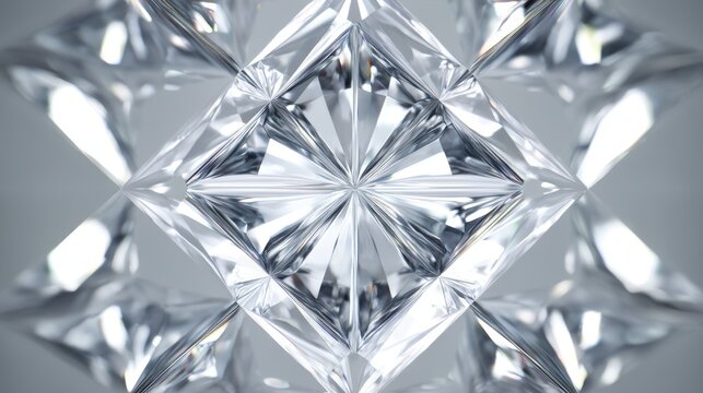 Symmetrical close-up of multifaceted crystal diamond with brilliance and precise geometric reflection