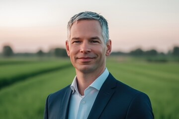 A middle-aged man with graying hair smiles gently, standing in a verdant field.