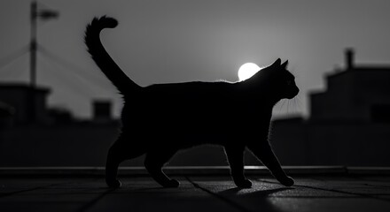 Black Cat Silhouette at Sunset Stunning Rooftop Photo