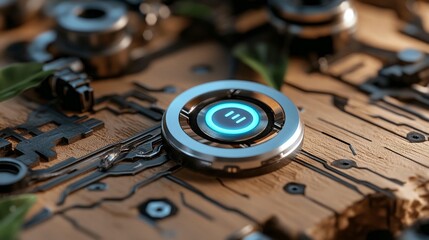 Futuristic pause button on a circuit board with metallic components and greenery