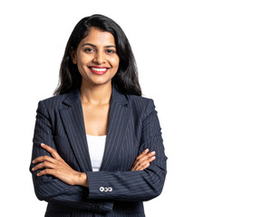 Portrait of a happy Indian business woman in a suit isolated on a transparent background