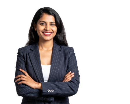 Portrait of a happy Indian business woman in a suit isolated on a transparent background