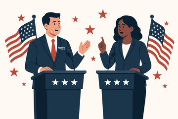 Political candidates, diverse man and woman, engaging in a lively election debate on stage with podiums and American flags, representing democracy, campaign discussion, and voting in the USA.