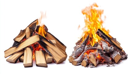 Two piles of firewood, one burning, one not