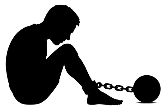 Vector silhouette of a person shackled with a ball and chain, symbolizing imprisonment, oppression, burden, debt, addiction, or mental struggle. Graphic illustration of confinement and despair.