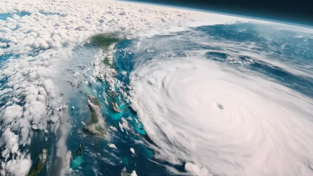 Satellite view of a massive hurricane over islands and the ocean, showing the swirling storm system and its immense size from space.