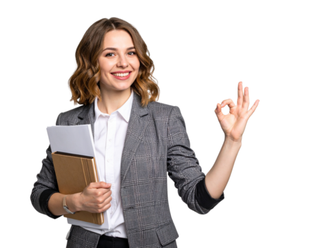 Young, happy, smiling business woman holding flyers and showing an okay gesture isolated on a transparent background