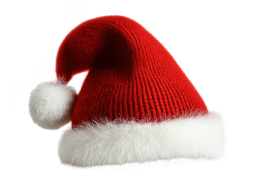 Red santa hat with white pompom isolated on transparent background - Powered by Adobe