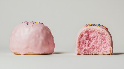 Two pink frosted round treats, one whole and one sliced open, showcasing fluffy interior