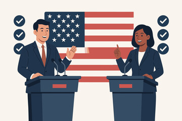 Political election debate scene vector illustration with male and female candidates discussing policy at podiums in front of the American flag during the presidential campaign.