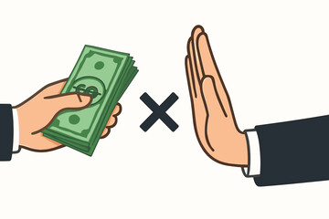 Businessman rejecting bribe money offer with stop hand gesture, symbolizing anti-corruption, integrity, and ethical business practices. Financial crime prevention vector concept.