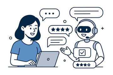 Simple line art illustration of a woman using a laptop to interact with a friendly AI chatbot for customer support, featuring chat bubbles, feedback ratings, and communication icons.