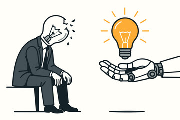 Artificial Intelligence Renews Inspiration for Businessman Facing Burnout Vector Graphic Illustrating Technological Solutions and Support Overcoming Creative Block and Despair