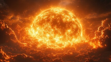 Obraz premium Fiery celestial body amidst blazing clouds.