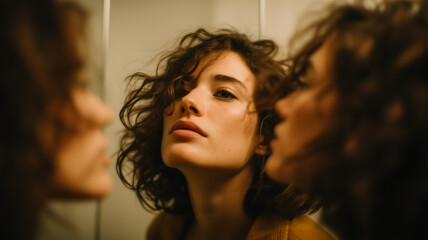 Fototapeta premium Introspective portrait of a young woman reflecting in the mirror, with soft lighting accentuating her natural features.
