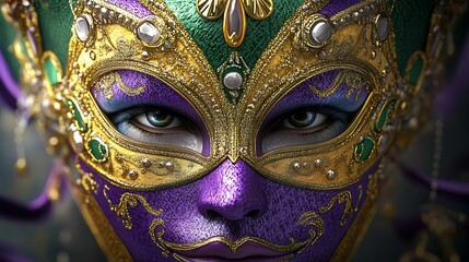 Golden and purple Venetian mask with intricate designs and captivating green eyes close-up image