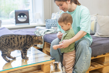 Caucasian woman with her son in a cat cafe. 