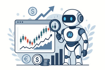 Futuristic AI Bot Examining Financial Data on Screen with Charts and Coins, Illustrating Automated Stock Market Analysis, Investment Strategy, and Economic Growth Vector.