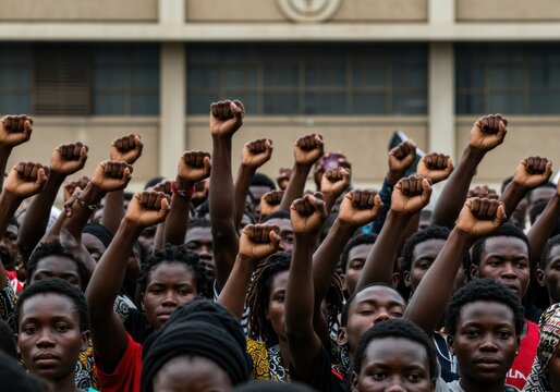 A diverse group of people raises fists in the air during a protest, showing their unity.